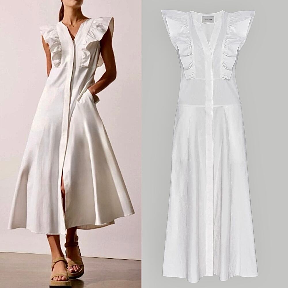 Brochu Walker The Aurora Ruffle Midi Dress Pockets Cotton White Size L - Picture 2 of 12